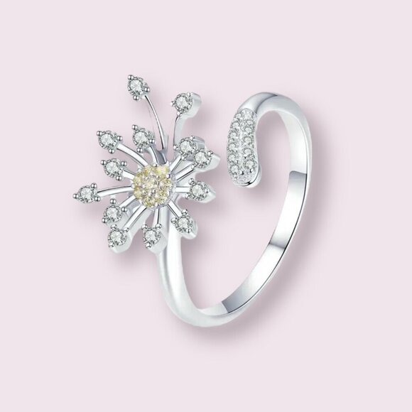 NWT Dainty Flower Ring CZ Platinum Over S925 Silver Dandelion Adjustable Open - Picture 8 of 9